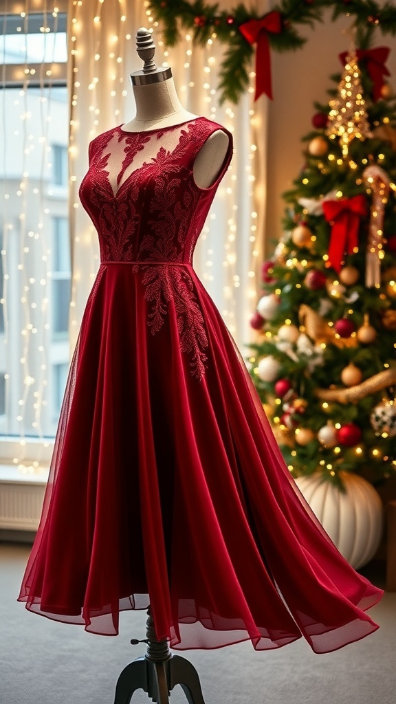 An elegant red velvet formal dress with lace detailing, set against a festive background.